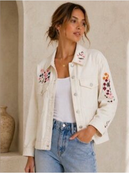 New Dolan Anthropologie Cream Floral Embroidered Denim Trucker Jacket